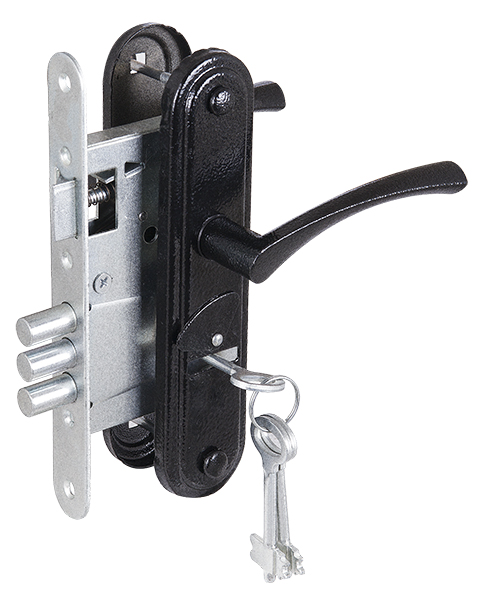 Замок Zenit (Зенит) врезной сувальдный с защёлкой в комплекте с ручкой ЗВ9-4-2 (черный), 3кл.