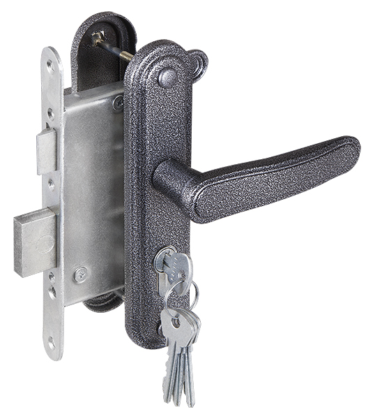 Замок Zenit (Зенит) врезной цилиндровый с защёлкой в комплекте с ручкой ЗВ4-3.03 (серебро), 4 кл.