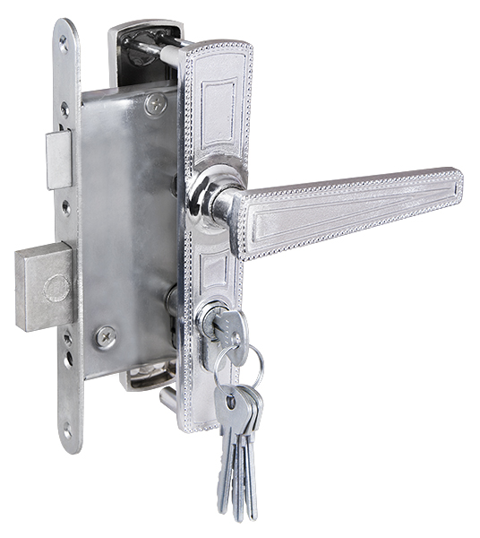 Замок Zenit (Зенит) врезной цилиндровый с защёлкой в комплекте с ручкой ЗВ4-3.01 (хром), 4 кл.