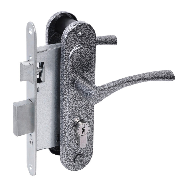 Замок Absolyute (Абсолют) врезной цилиндровый с защёлкой в комплекте с ручкой ЗВ4-3/07 (серебро антик), 4 кл.