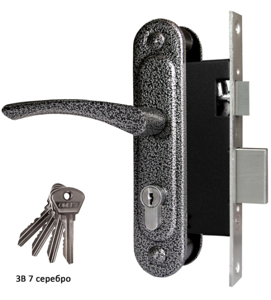 Замок Omega (Омега) врезной цилиндровый с защёлкой в комплекте с ручкой ЗВ7 (серебро), 4 кл.