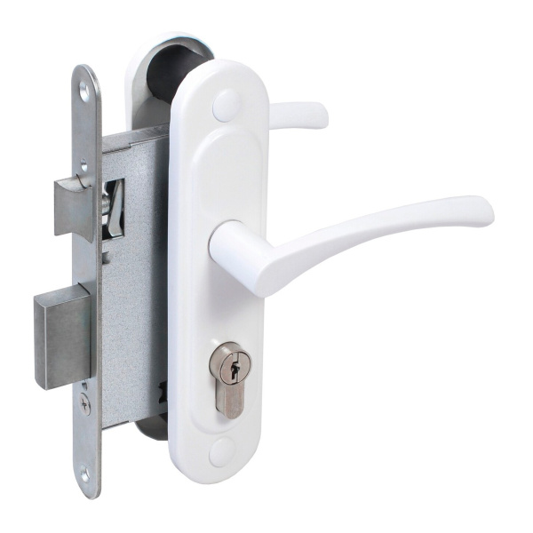 Замок Absolyute (Абсолют) врезной цилиндровый с защёлкой в комплекте с ручкой ЗВ4-3/07 (белый глянец), 4 кл.